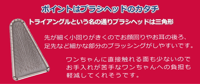 ポイントはブラシヘッドのカタチ、トライアングルという名の通りブラシヘッドは三角形、先が細く小回りがきくのでお顔回りやお耳の後ろ、